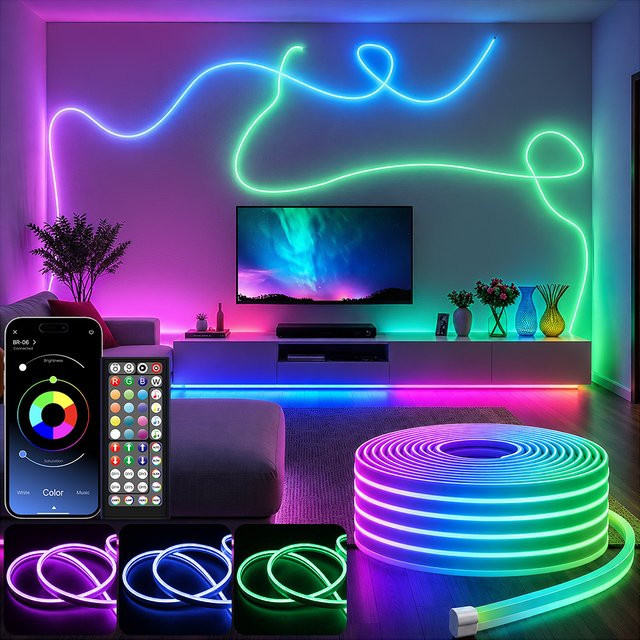 Flexible RGB LED Neon Flex Lichterkette mit App- und Fernbedienung, IP67 Wasserdicht, Musik-Sync und Timer-Funktion, Multicolour 24V Neon-Lichtstreifen für Innenräume und Party - Bild 1