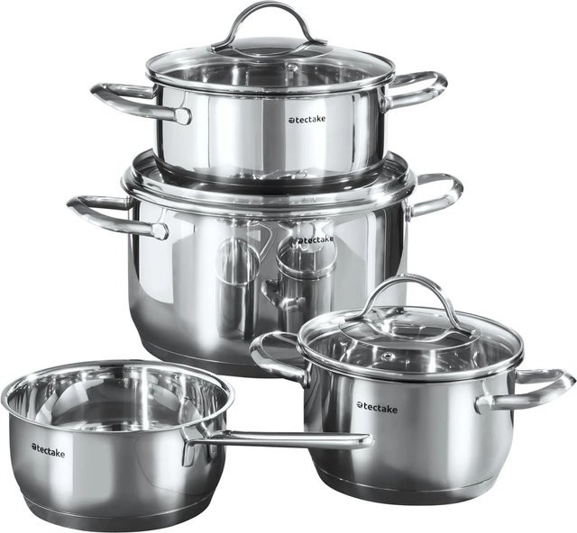 tectake Kochtopfset Bologna 7-teilig aus Edelstahl in Silber, für Induktion geeignet, inklusive Glasdeckeln mit Dampfabzug und integrierter Messskala - Bild 1