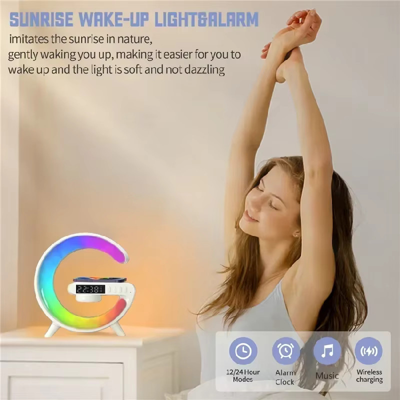VIKEFON Multifunktions Drahtloses Ladegerät mit RGB-Licht, Wecker und Lautsprecher, Schnelles Lade-Dock für iPhone, Samsung und Xiaomi, Weiß, Multicolour - Bild 4