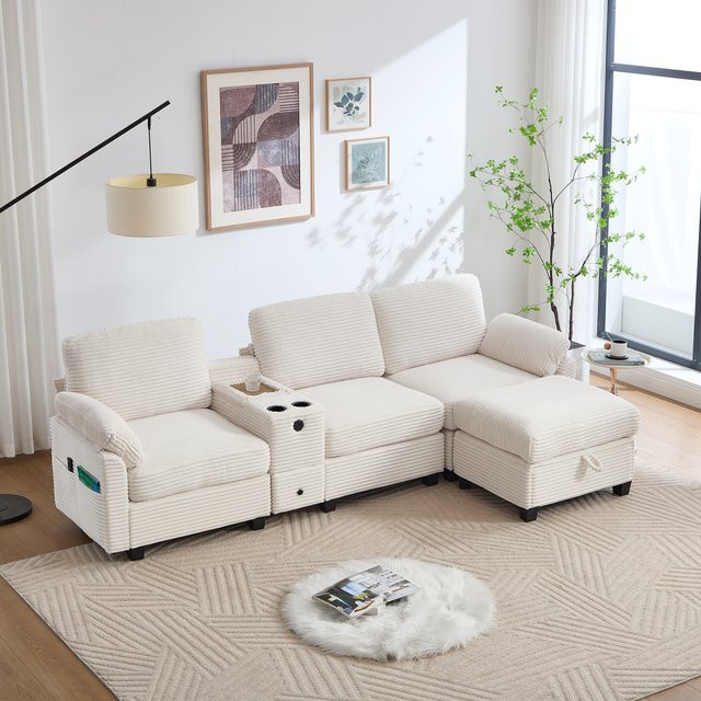 LVHOM Modernes Großes Cord-Sofa in Grau mit abnehmbarer Mittelkonsole, USB-Anschluss und seitlicher Aufbewahrungstasche - Bild 1