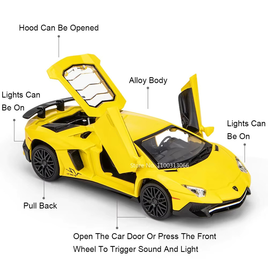 caipo Lambor V12 LP740 Modellauto, 1:32, mit Licht und Sound, Metall, Gelb - Bild 2