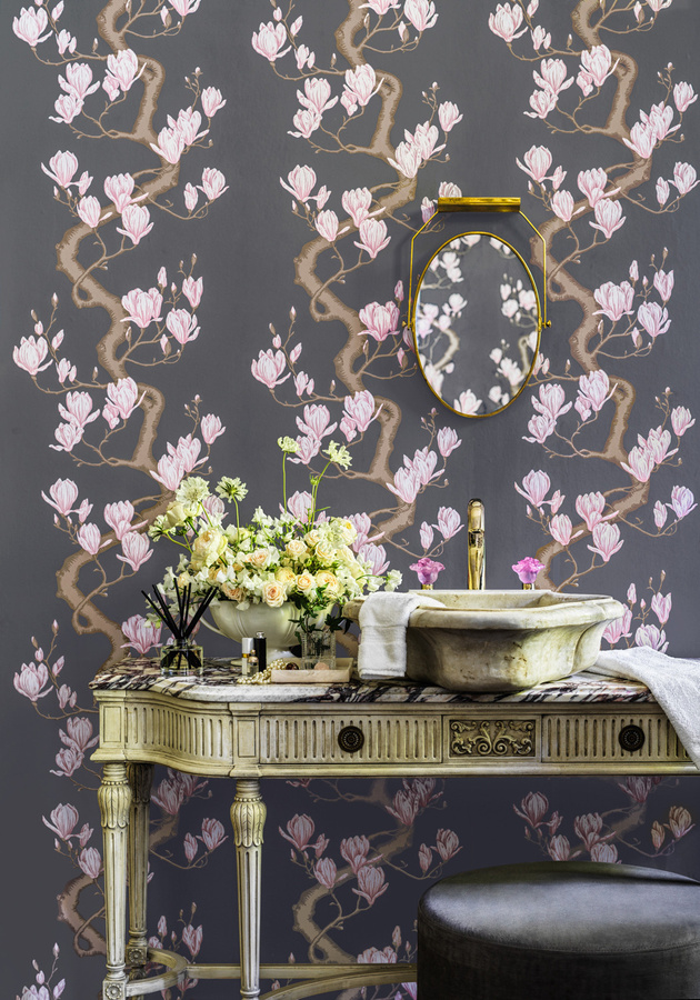 Cole & Son Tapete Magnolia Tree Botanisches Floral Design in Anthrazit und Rosa Non-Woven - Bild 1