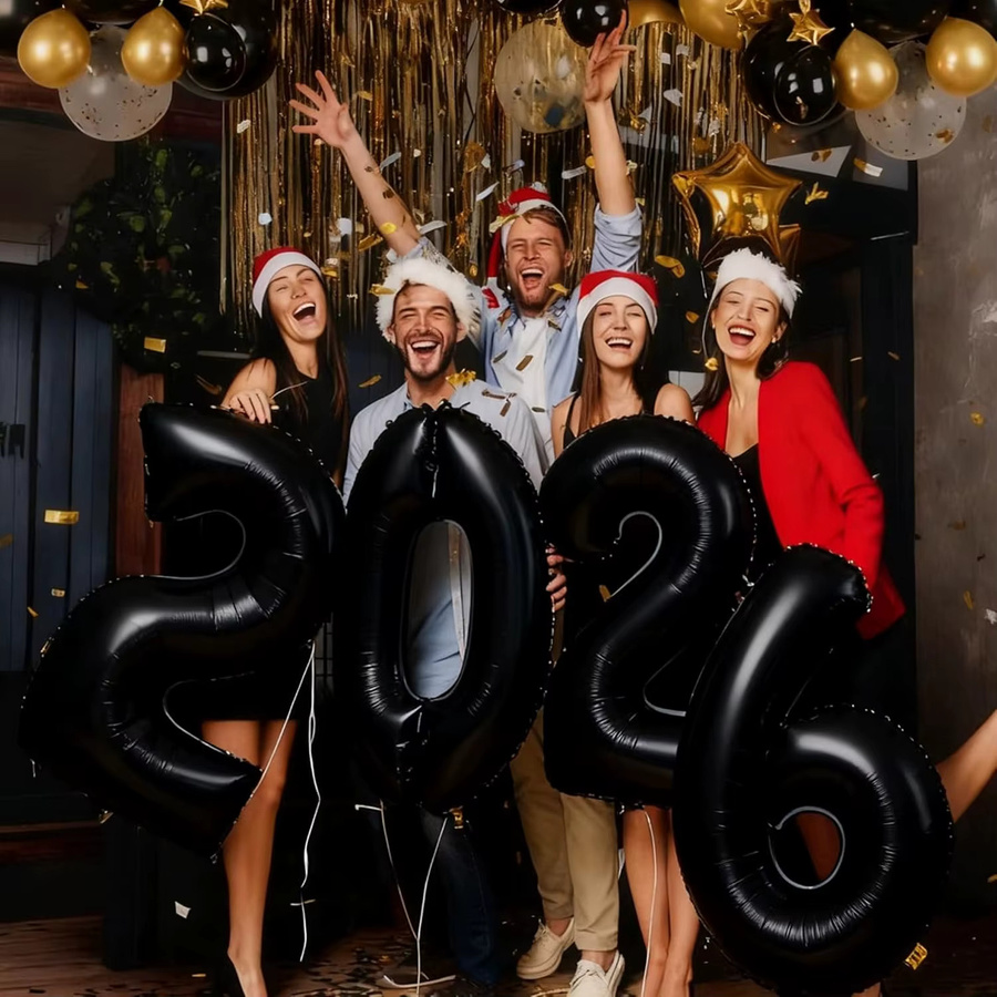Silvester Dekoration Set mit Ballon Bogen Girlande, Regen Vorhang und 2026 Folienballons in Schwarz - Bild 2