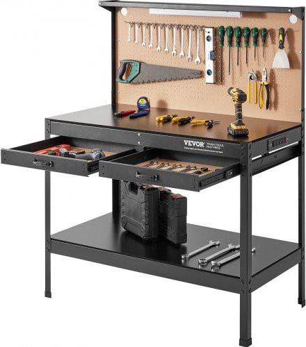 VEVOR Werkbank A3 aus Stahl mit Hartholzplatte in Schwarz, Belastbarkeit 100 kg, inklusive 4x AC-Steckdosen, 2x USB-Ports und 30 Haken - Bild 1