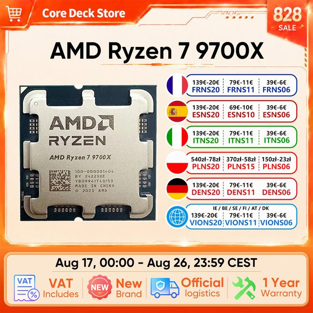 AMD Ryzen 7 9700X Prozessor mit 8 Kernen und 16 Threads, bis zu 5,5 GHz Boostfrequenz, 32 MB Cache, 4 nm Prozess, 65 W TDP, Silber - Bild 1