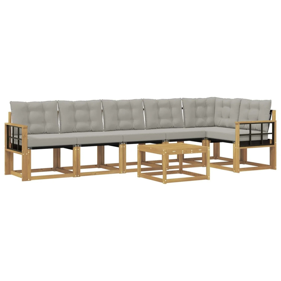 vidaXL Outdoor-Sofagarnitur 7-teilig in L-Form aus Akazienholz und Textilene mit Kissen, Weiß-Hellgrau - Bild 2