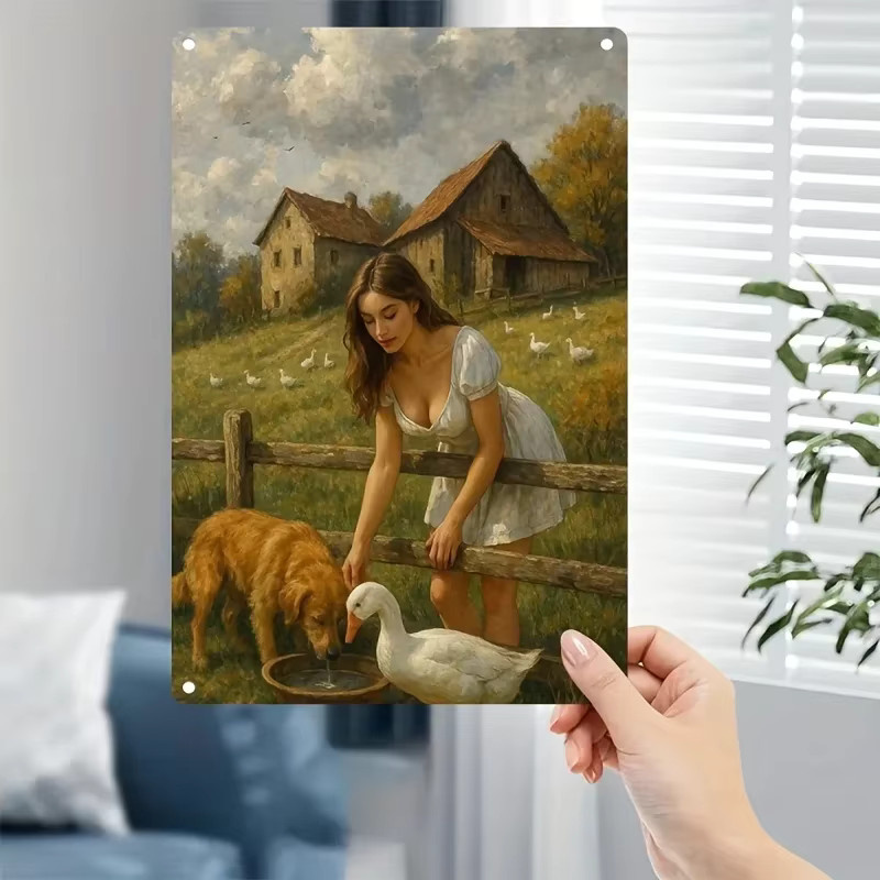 HELLOYOUNG Vintage-Wandschild aus Metall in Mehrfarbig mit Bauernhaus-Motiv, Mädchen und Hund, Rechteckiges Landhaus-Dekor aus Eisen, B/H: 30 x 20 cm - Bild 2