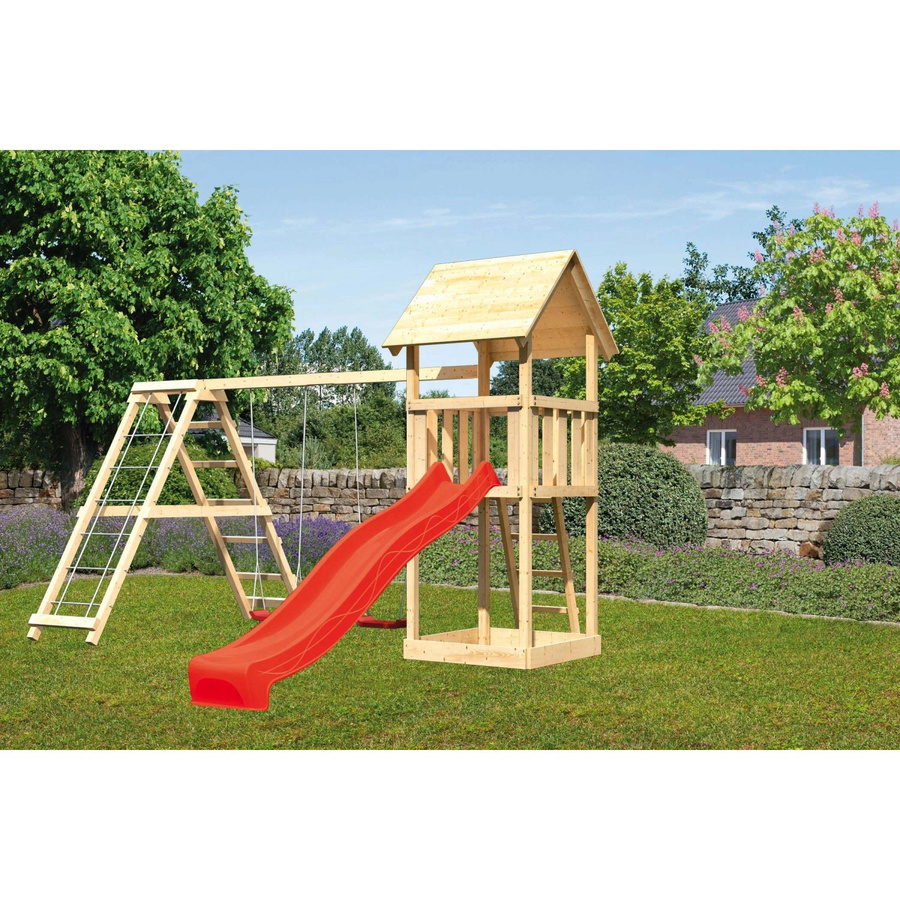 Karibu Spielturm Lotti Klettergerüst mit Doppelschaukel und Rutsche in Rot und Braun - Bild 2