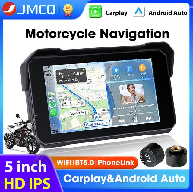 JMCQ 5-Zoll Motorrad-Navigation GPS mit Wireless CarPlay und Android Auto, IPX7 wasserdichtes Moto Monitor mit IPS-Display und Dual Bluetooth 5.0, Schwarz - Bild 1