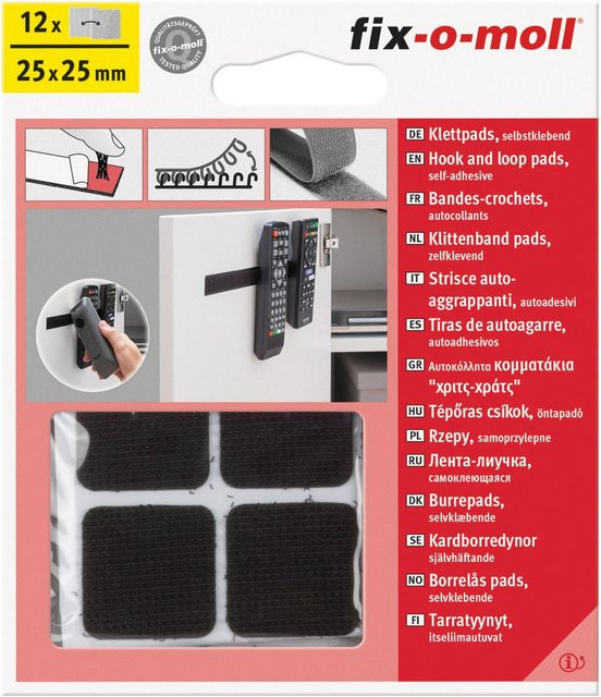 Fix-o-moll Klettpads selbstklebend, 12 Sets, Schwarz, Breite: 25 mm, Tiefe: 25 mm - Bild 1