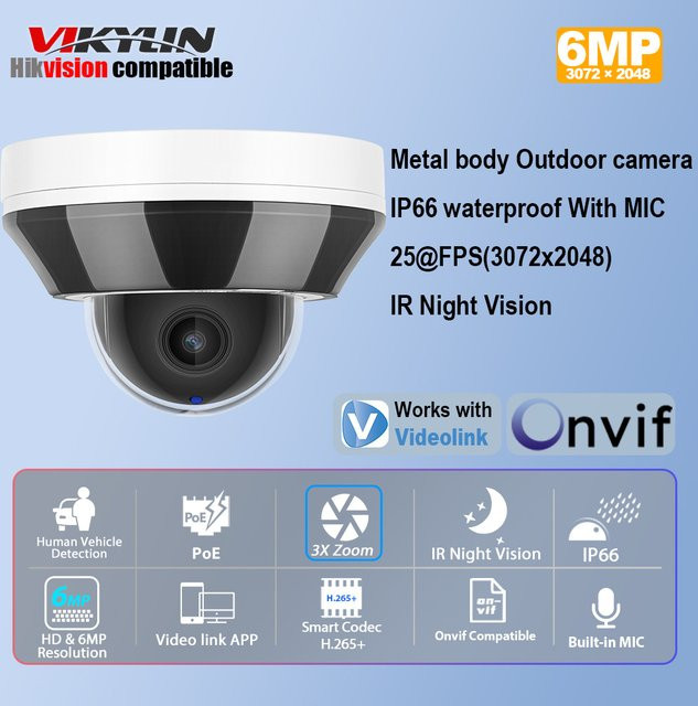 Vikylin MD2.0 Dome PTZ IP-Kamera mit 6MP Auflösung, 3X Zoom und IR-Nachtsicht, Hik-kompatibel, Farbe: Weiß - Bild 1