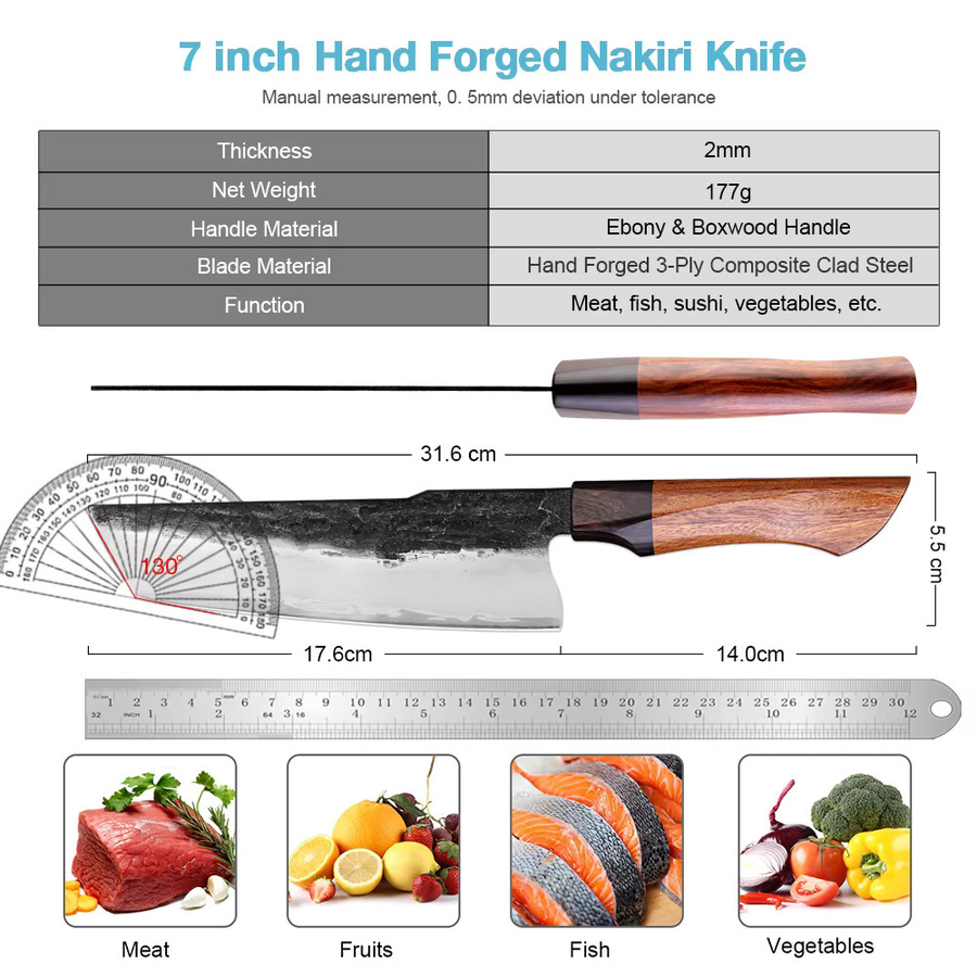 XITUO 7-Zoll Japanisches Nakiri-Messer aus handgeschmiedetem Kohlenstoffstahl mit 3-lagigem Palisandergriff in Silber - Bild 2