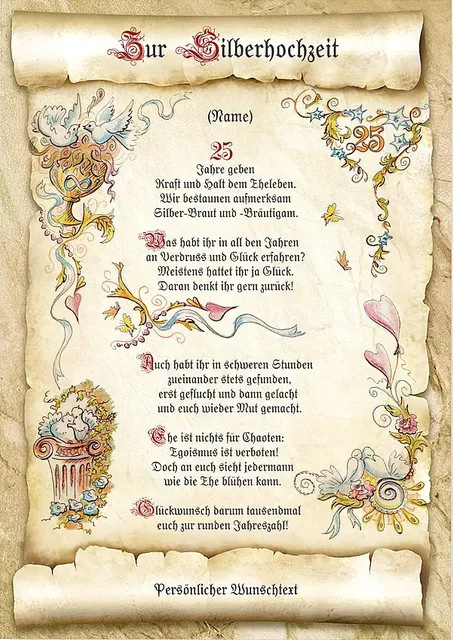 Urkunde zur Silberhochzeit mit Blumenmotiv und Vintage-Typografie in Silber und Mehrfarbig auf Papier - Bild 1