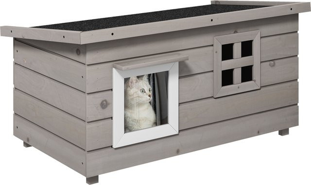 PawHut Katzenhaus aus Tannenholz mit Asphaltdach, winterfeste Katzenhütte für Outdoor, Grau Schwarz, B/T/H: 87 x 52 x 48 cm - Bild 1