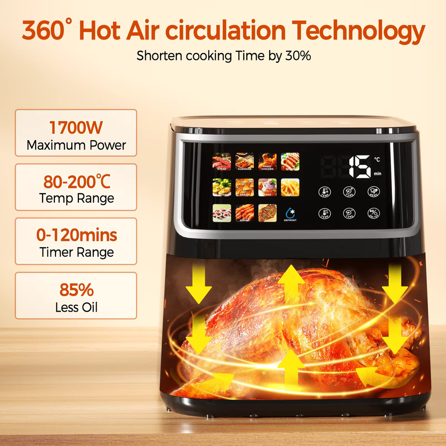 Patbrela Heißluftfritteuse 8L mit LED-Display und 11 Voreinstellungen, 1700W, Schwarz - Bild 4