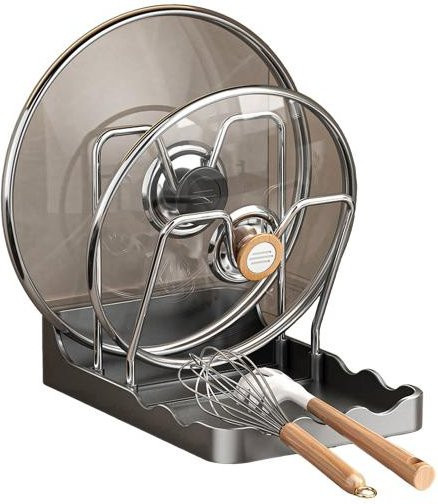 Yumaling Topfdeckelhalter und Pfannendeckel-Aufbewahrungsregal mit Abtropfschale und Löffelablage, Silber - Bild 1