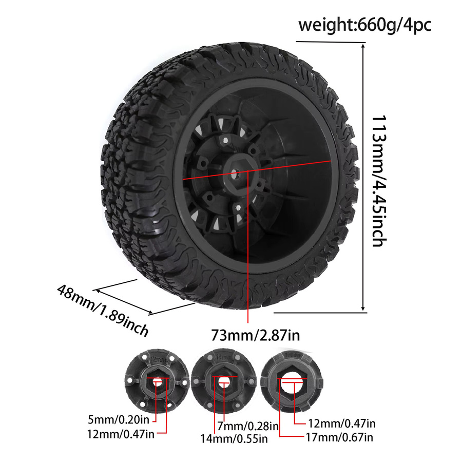 Short Course Truck Reifen Rad, 4-teiliges Set, 113 mm, 12, 14, 17 mm Sechskant - Bild 2