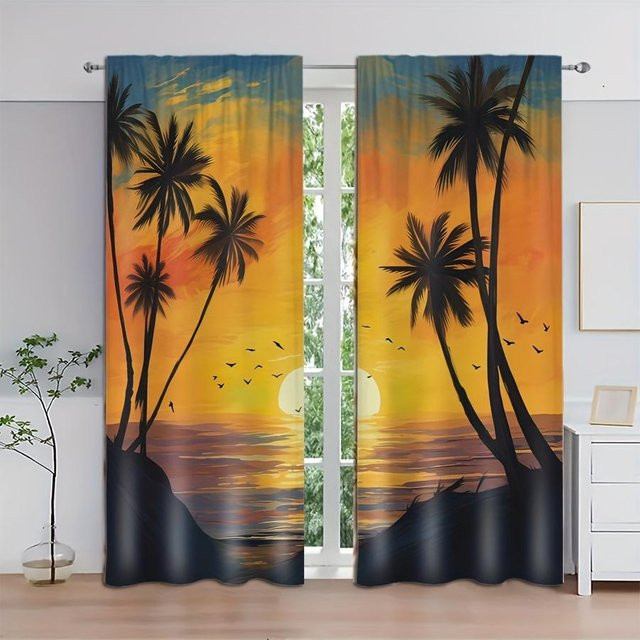 2er-Set Vorhang Yiran Furniture mit Sonnenuntergang und Kokospalmen-Motiv, halbtransparent, Polyester, Farbe: Multicolour, Höhe: 160 cm, Breite: 50 cm - Bild 1