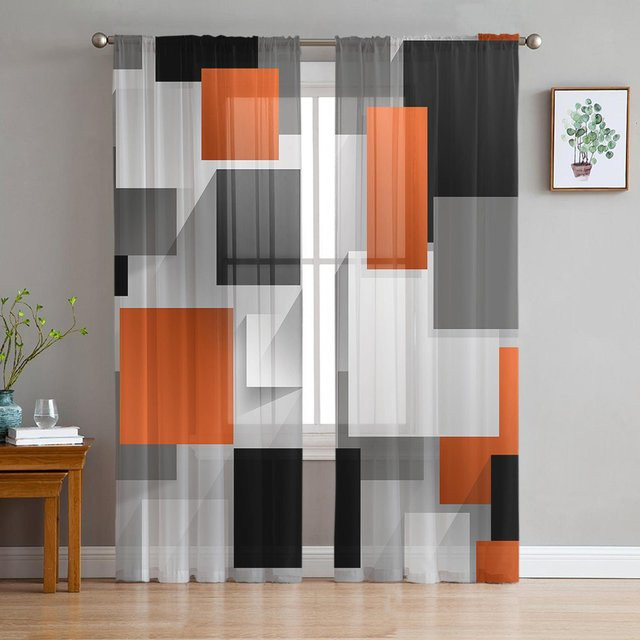 Transparenter Tüll-Voile-Vorhang mit geometrischen Figuren von A Family Of Home Textiles in Orange, Breite: 135 cm, Höhe: 160 cm - Bild 1