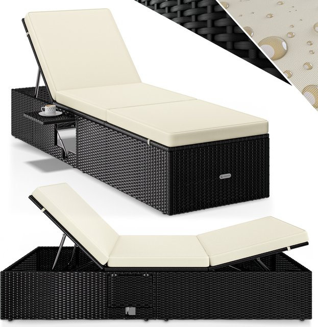 CASARIA Polyrattan Gartenliege Schwarz/Creme mit verstellbarer Kopfstütze und Seitentisch B/T/H: 200 x 58 x 33 cm - Bild 1