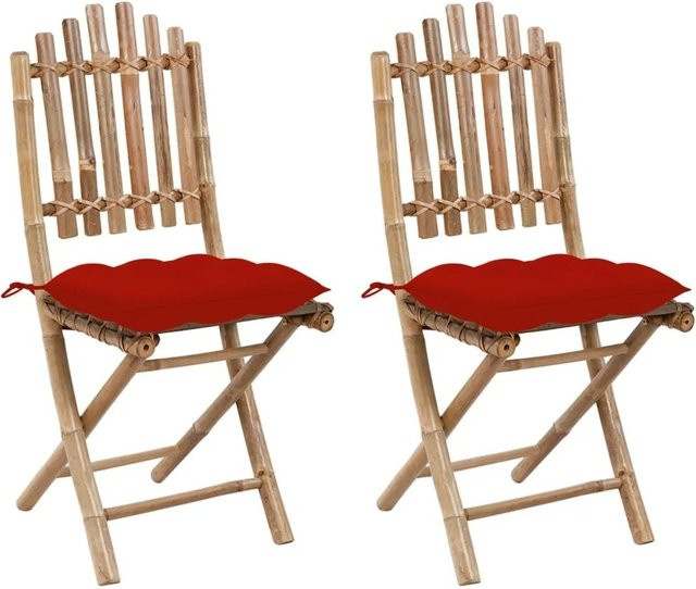 Furnicato Gartenstuhl Set aus 2 Stück, klappbar aus Bambus mit roten Polstern, B/T/H: 50 x 42 x 92 cm - Bild 1