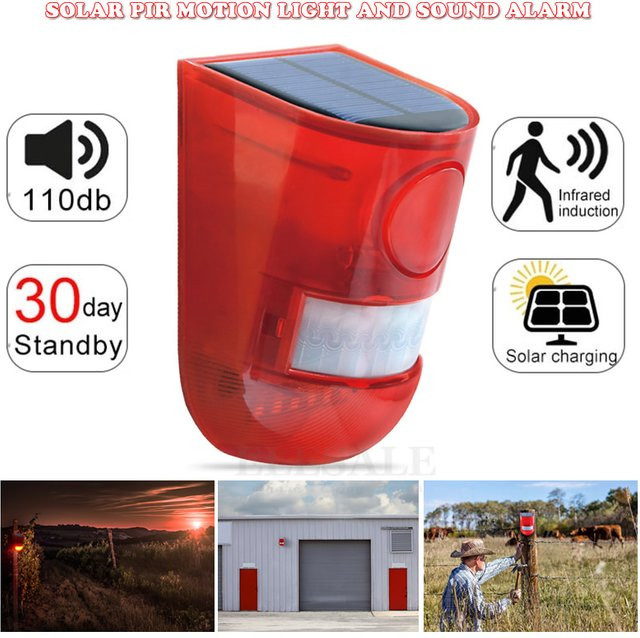 ELESECUR Solar-Infrarot-Bewegungsmelder mit 110dB Sirene und Blitzlicht in Orange und Rot für Haus, Garten und Caravan - Bild 1