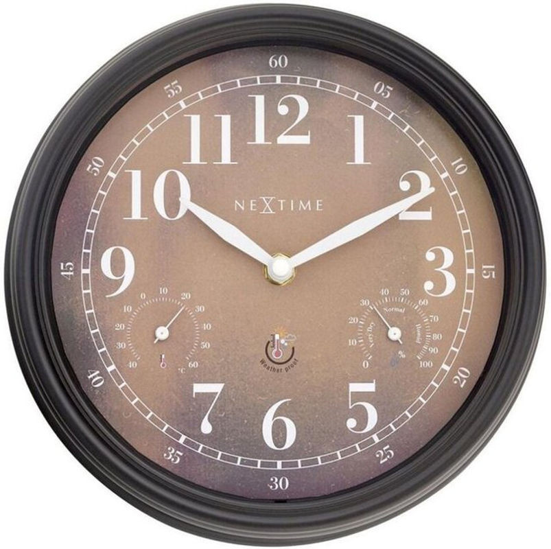 Nextime Wanduhr Jasmine in Schwarz aus Kunststoff mit analogem Zifferblatt, Hygrometer und Thermometer, Durchmesser: 23,5 cm - Bild 1