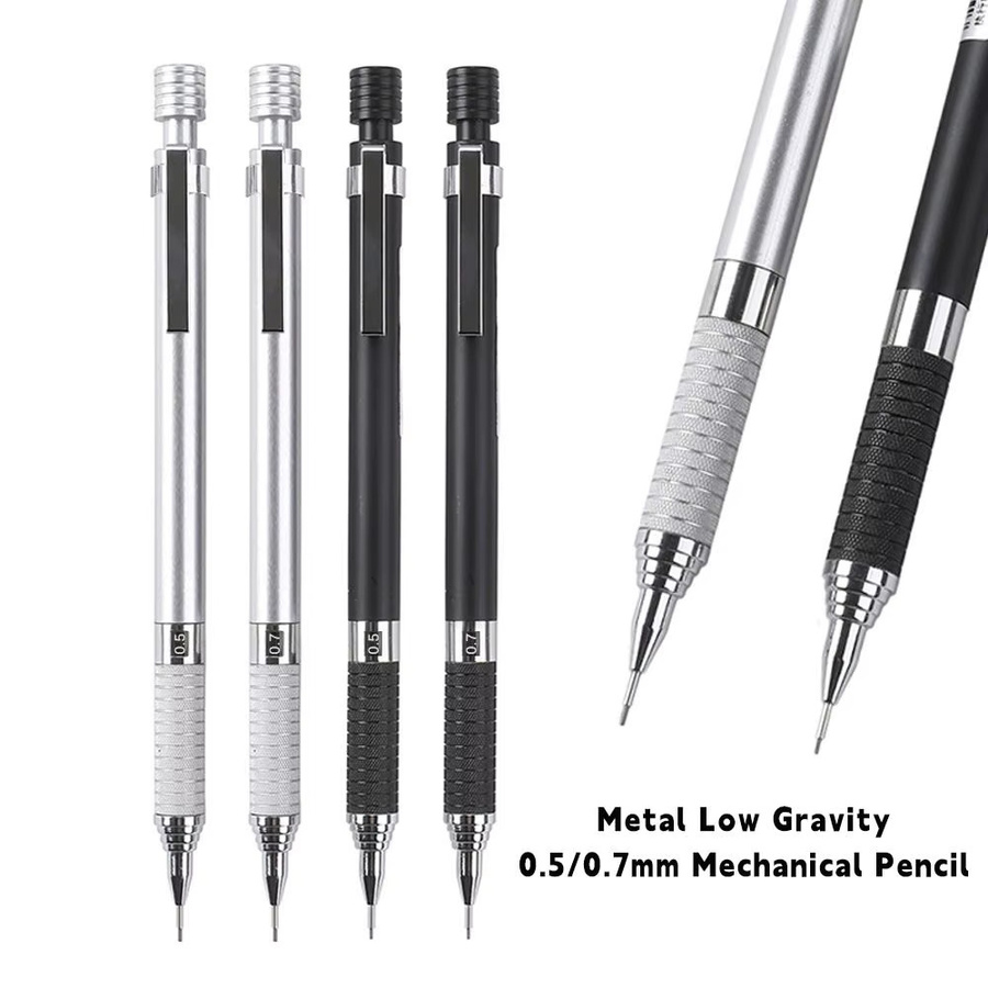 Metall Druckbleistift in Silber mit 0,5 mm und 0,7 mm Mine, bruchsicherer Antriebsstift und grafischem Design für Erwachsene - Bild 3