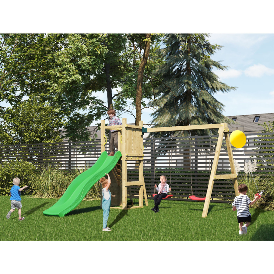 Fungoo Spielturm Funny 3 in Natur mit Doppelschaukel, Rutsche, Kletterwand und Sandkasten - Bild 3
