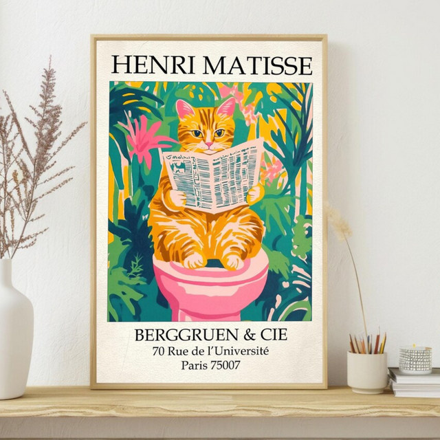 Henri Matisse Style Wandkunst Paper Poster mit Ingwerkatze im tropischen Dschungel, Pink und Multicolour, Rechteckig - Bild 1