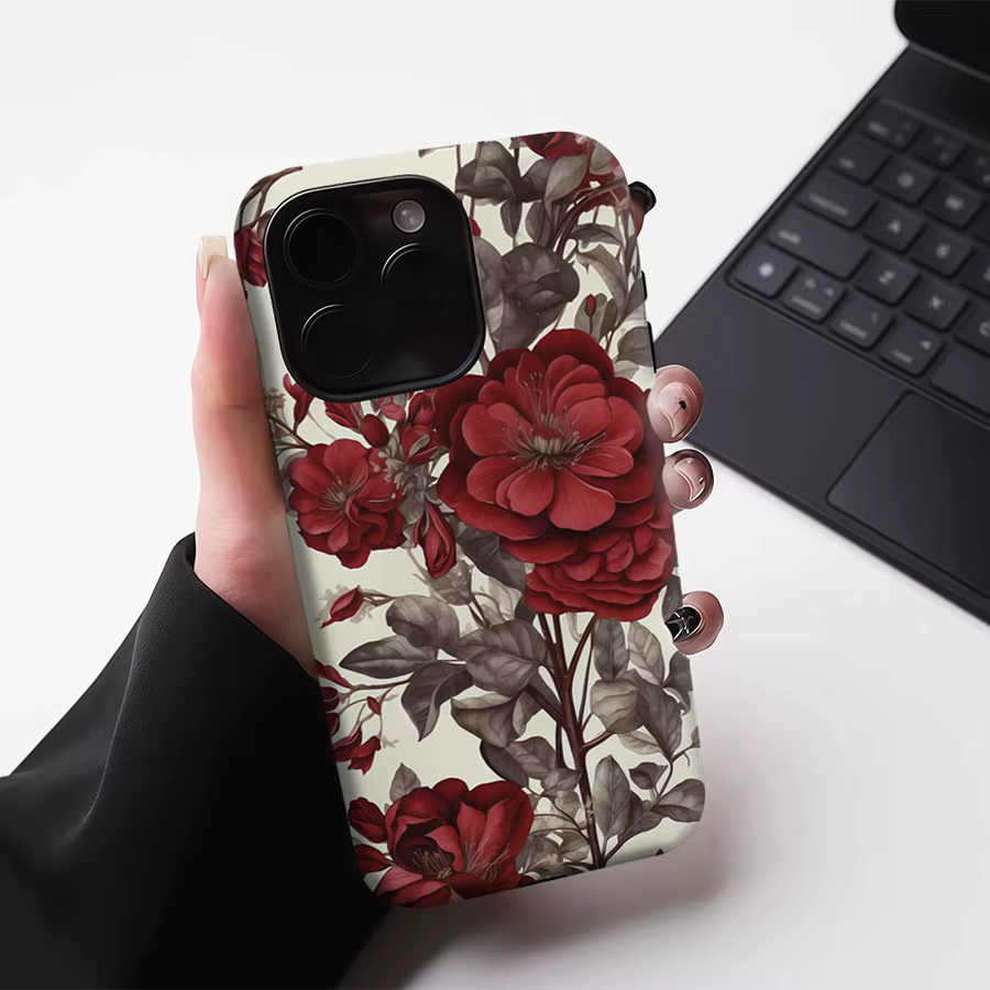 Potdemiel Magnetische Handyhülle mit Blumenmuster in Burgunderrot für iPhone 17 16 15 14 13 Pro Max Plus, Robuste Doppelschicht-Schutzhülle - Bild 4