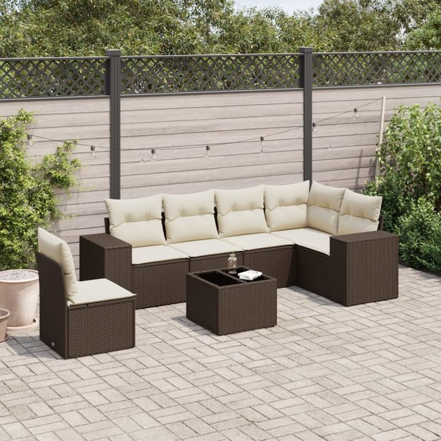 vidaXL 7-teilige Garten-Sitzgruppe in L-Form mit Kissen, Braun, Metallgestell und UV-beständigem Polyester - Bild 3