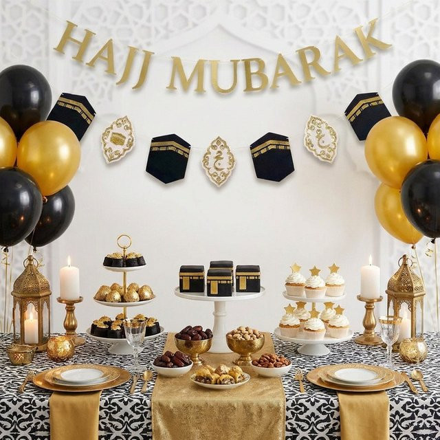 AFYPRTY Hajj Mubarak Banner mit Kaaba-Muster in Schwarz-Gold aus Papier für die Islamische Hajj-Pilgerfahrt und Eid al-Adha Party Dekoration - Bild 1