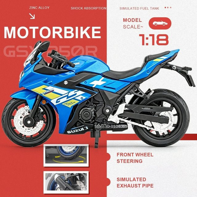 MAKEDA Diecast Modellmotorrad GSX250R H2R R3 in Blau aus Metall mit lenkbarem Vorderrad und Stoßdämpfung im Maßstab 1:18 - Bild 1