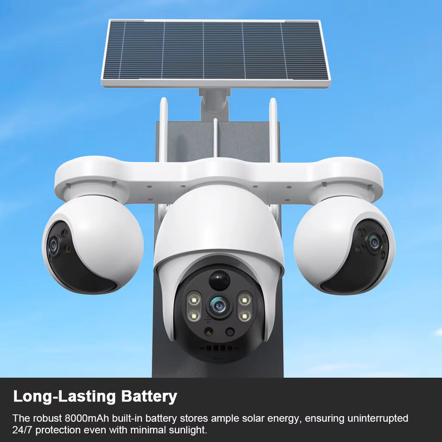 V380PRO Solar WiFi und 4G IP Kamera mit 3 Objektiven, 15 MP 8K Auflösung, Wasserdicht, Nachtsicht, Zwei-Wege-Audio und Mobile Tracking in Weiß - Bild 4