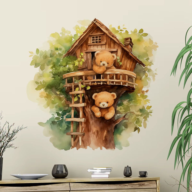 BRUP Wandtattoo Cartoon-Bär mit Baumhaus Motiv in Mehrfarbig für Kinderzimmer und Wohnzimmer - Bild 4