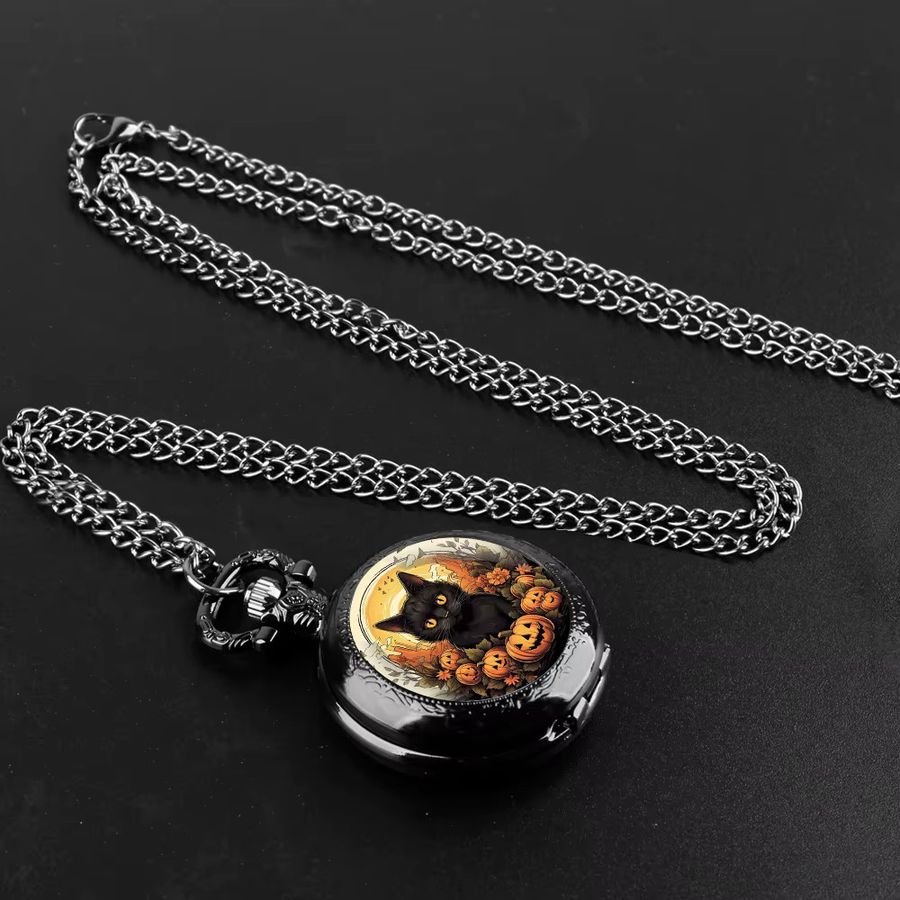 RUNERR Halloween Quarz-Taschenuhr mit schwarzer Katze, Glaskuppel und Kette, Schwarz - Bild 3