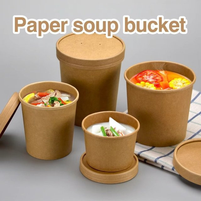 10 Stück Einweg Kraftpapier-Eimer mit Deckel in Braun für Takeaway-Suppen und heiße Speisen, 8oz und 12oz - Bild 1