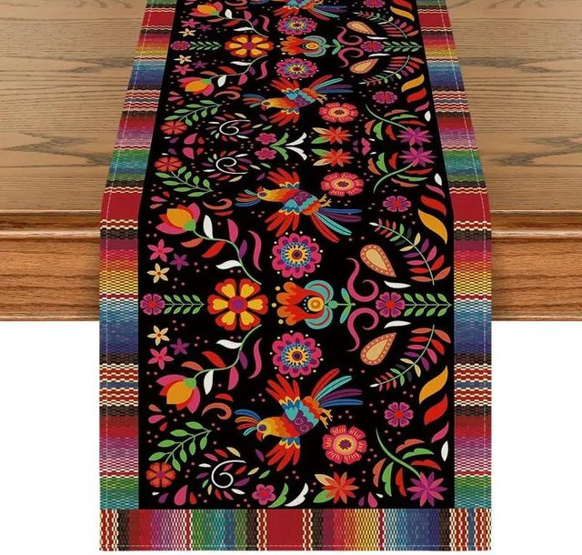 VIKAMA Tischläufer Mexikanisches Otomi Blumenvogel aus Polyester, wasserabweisend, braun/mehrfarbig, B: 33 cm, L: 230 cm - Bild 1