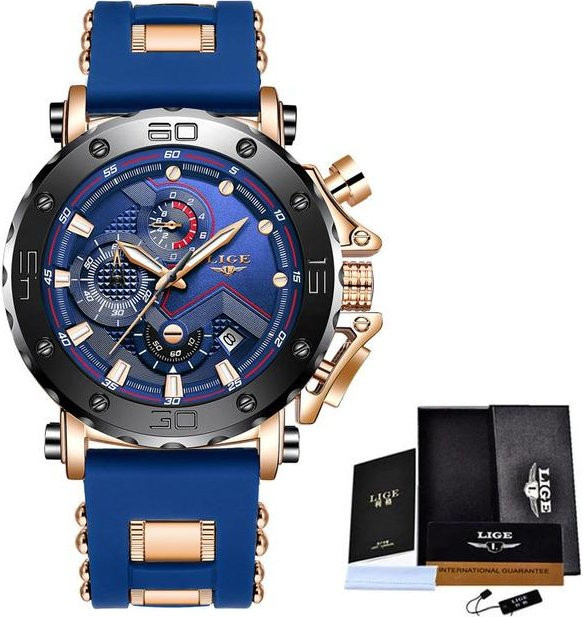 LIGE Armbanduhr, Chronograph, Quarz, Edelstahl, Gold/Blau, Herren - Bild 1