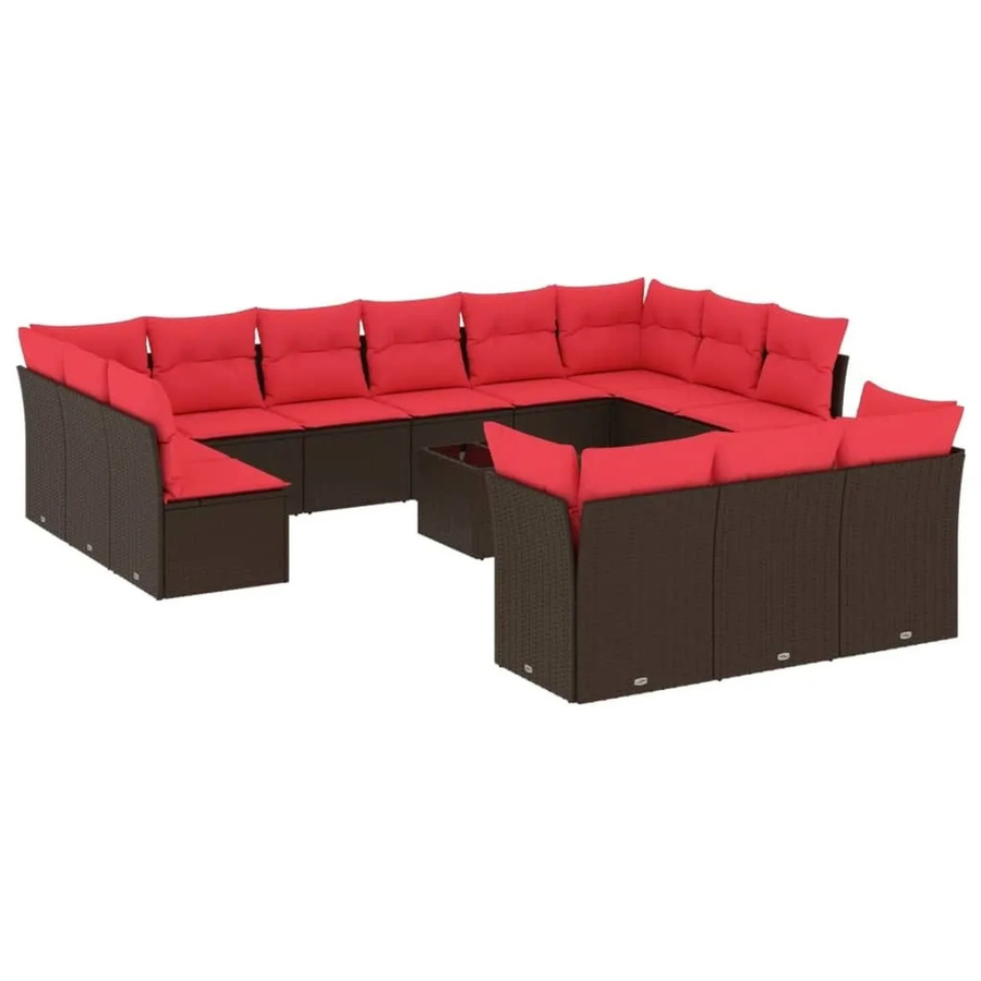 vidaXL 14-tlg. Gartensofa-Set in U-Form mit Kissen und Couchtisch, Polyrattan und Metall, Braun - Bild 2