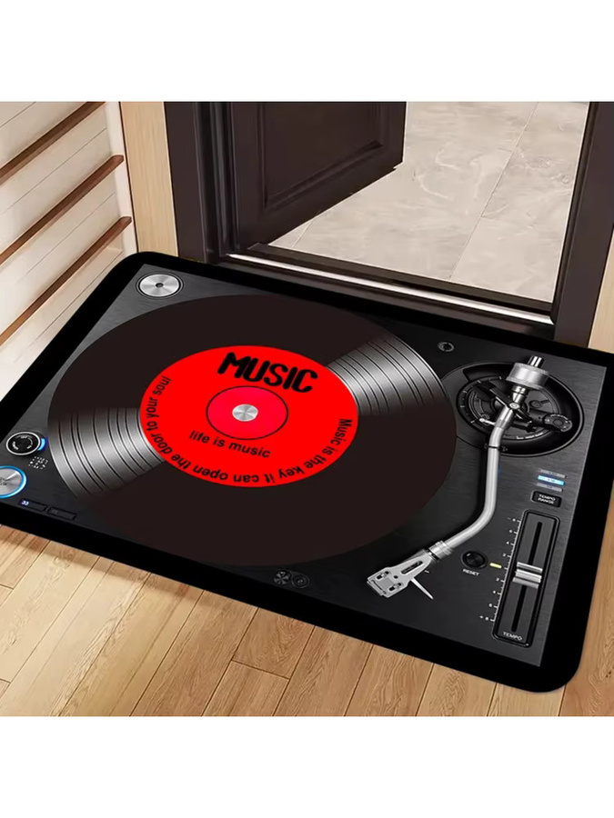 VIKAMA Vintage Teppich mit Vinyl-Schallplatten und Musiknoten Design, rutschfest und weich, mehrfarbig, rechteckig - Bild 2