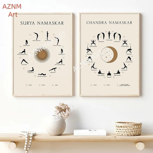 AZNM Yoga Sonne Mond Kunstposter Set, Minimalistische Leinwanddrucke mit abstrakten Grafiken in Beige, Ungerahmt - Bild 1