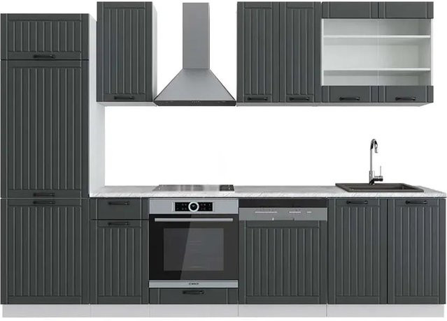Vicco Fame-Line Küchenzeile im Landhausstil in Anthrazit und Weiß mit Marmor-Optik, Breite: 300 cm - Bild 1
