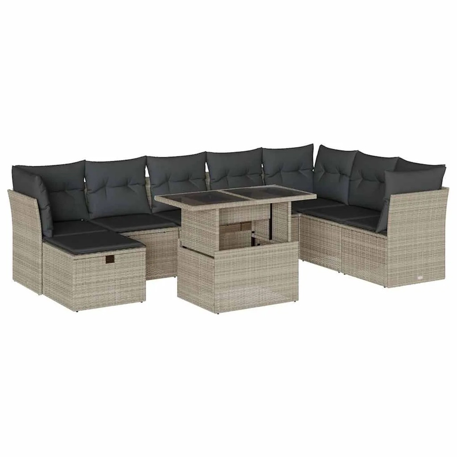vidaXL 9-teilige Garten-Sofagarnitur in L-Form mit Kissen und Couchtisch, Hellgrau, Polyrattan und Metallgestell - Bild 2