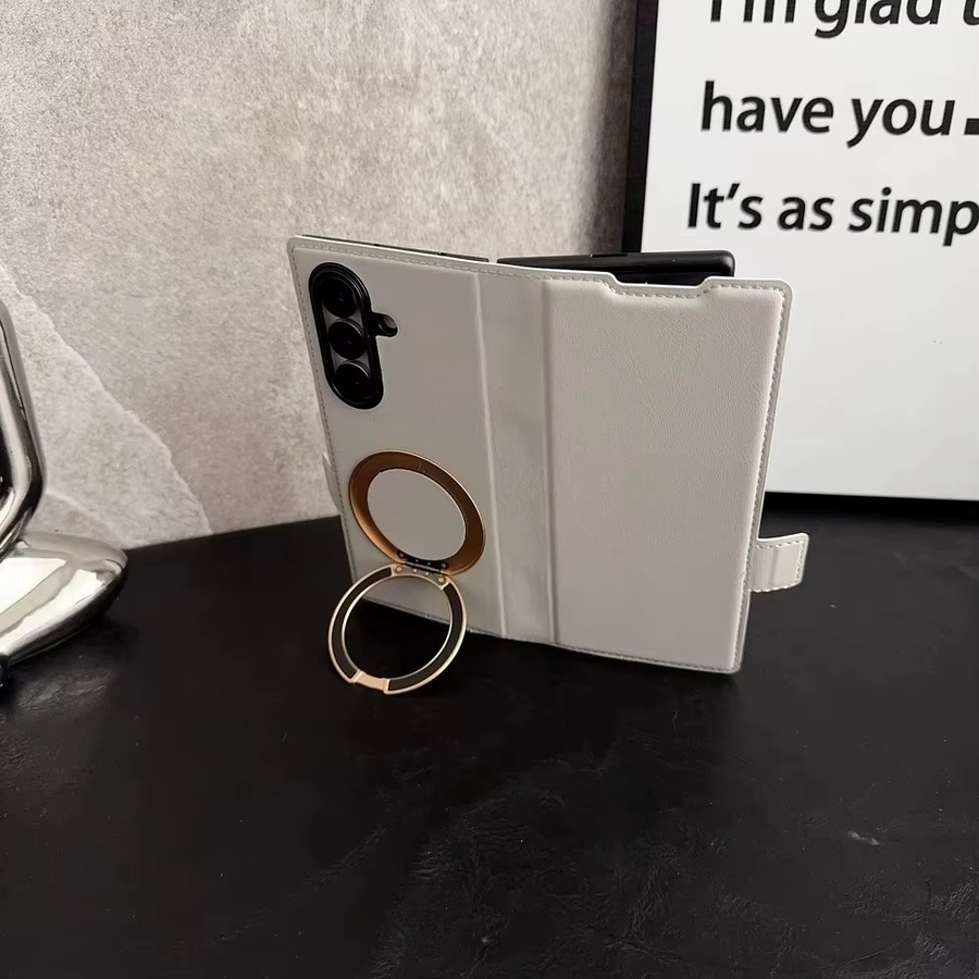 Luxuriöse Ledertasche für Samsung Galaxy Z Fold 7, 6, 5 und 4 in Grün mit 3 Kartenfächern, Metall-Magnetring und drehbarer Halterung - Bild 1