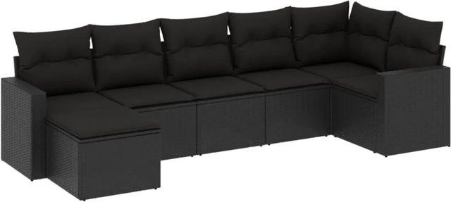 vidaXL 7-tlg Garten-Sofagarnitur in L-Form aus schwarzem PE-Rattan mit Kissen und pulverbeschichtetem Stahlgestell - Bild 1