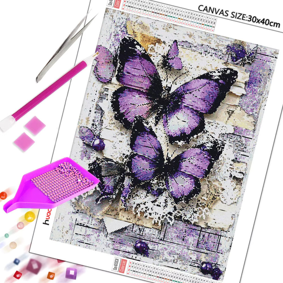Huacan 5D Diamantmalerei Schmetterling Stickerei Set in Lila, runde Form, Durchmesser: 30 cm - Bild 2
