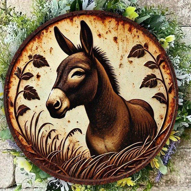 Potdemiel Rundes Metall-Wandschild mit Vintage-Esel-Illustration und Blumenrand, Multicolor, Durchmesser: 20,3 cm - Bild 1