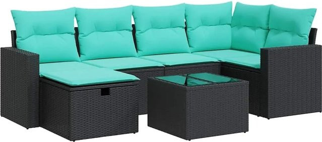 vidaXL 7-teilige Garten-Sofagarnitur in L-Form mit Polsterkissen, Schwarz und Blau, Poly-Rattan mit Metallgestell und Glastisch - Bild 1